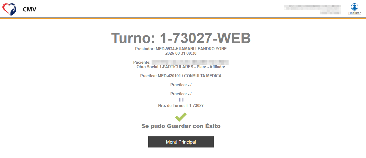 Captura de pantalla del paso 4 con la confirmación del turno